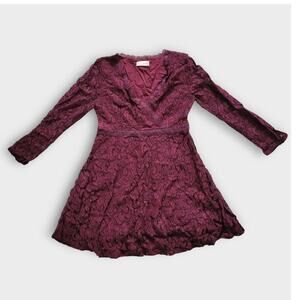 Altar'd State Calysta Burgundy Floral Lace Embroidered Long Sleeve Mini Dress M